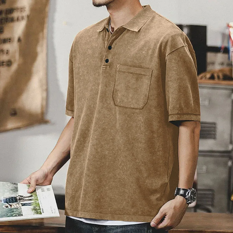 

New summer men's retro water-washed polo shirt, casual and loose short-sleeved T-shirt with a pocket design on the chest.