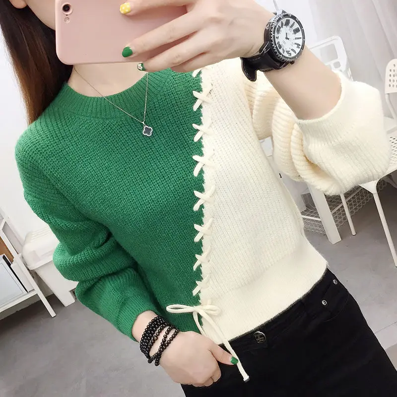 Autumn Winter Fashion Trend Lace Up Spliced Round Neck Sweaters Women\'s Clothing Korean Long Sleeve Contrast Color Knitted Tops