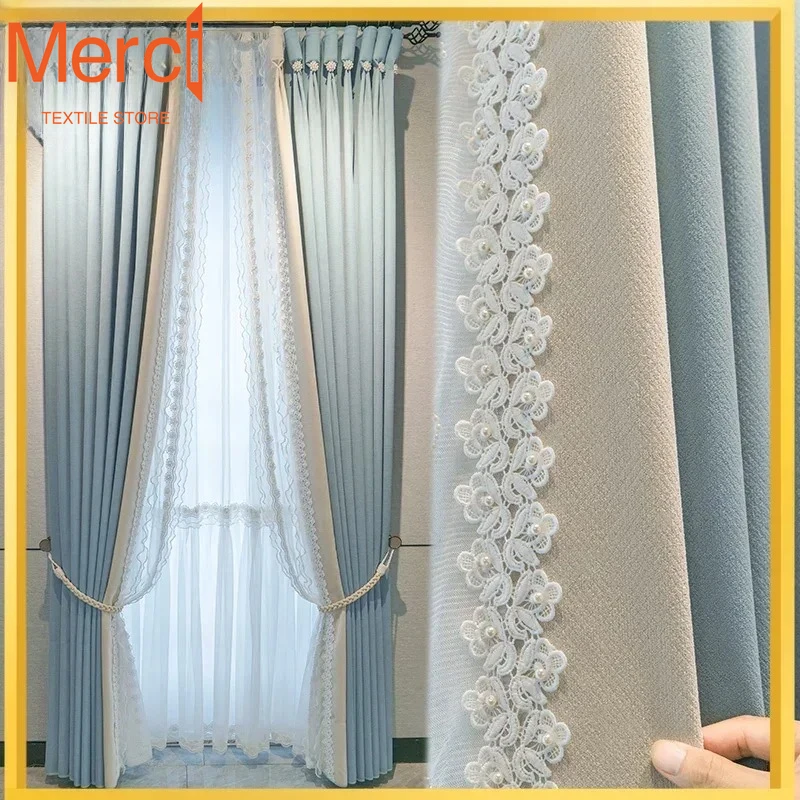 

Customized Princess Style Pearl Lace Blue Jacquard Patched Curtains For Living Room Bedroom French Window Bay Window Finished