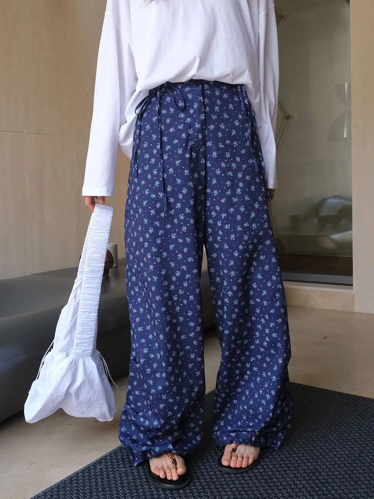 Summer women\'s casual printed high waisted loose wide leg pants