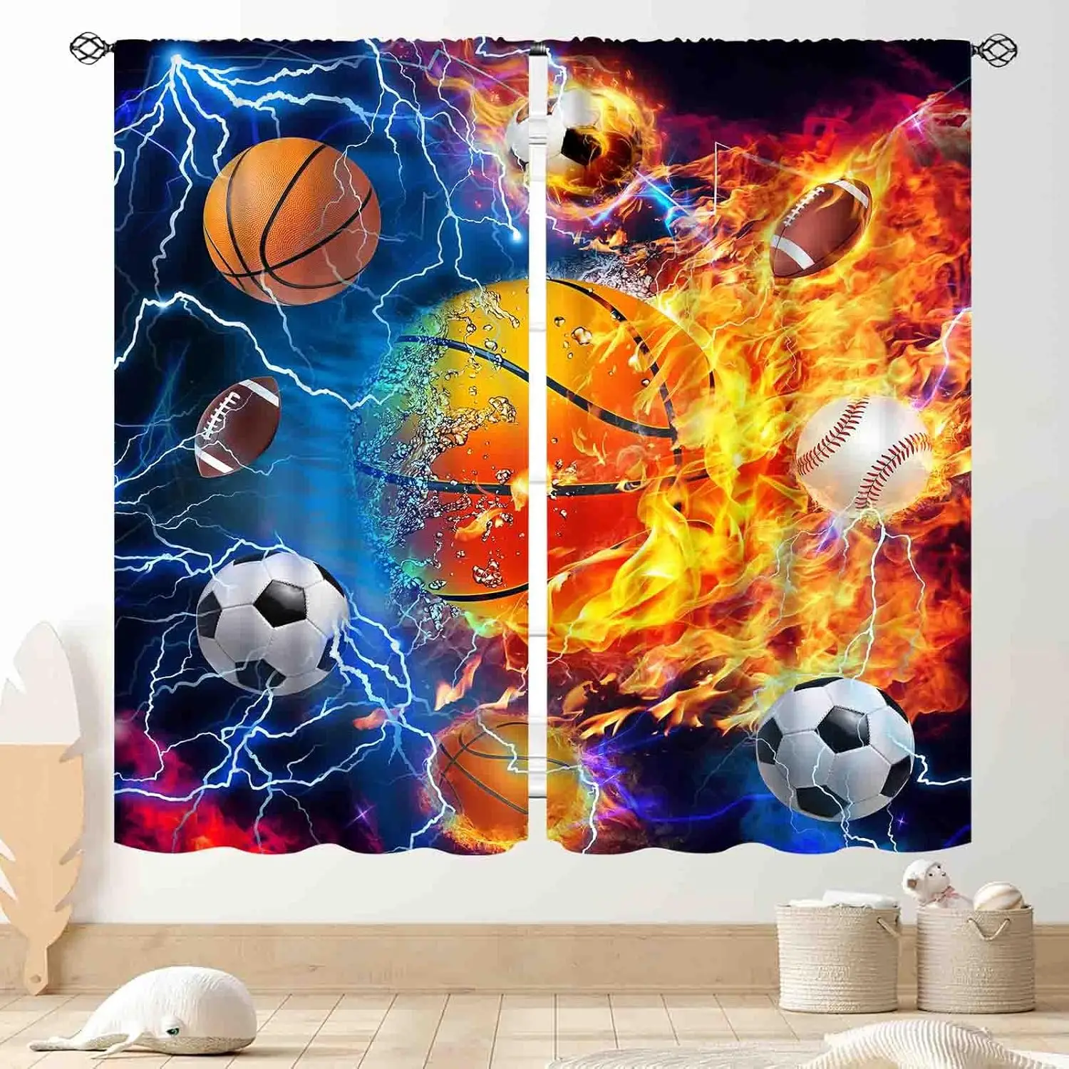 

Basketball Sports Blackout Curtains for Boys Room, Fire Flash Gaming Drapes, Soccer Baseball Football Window Panels