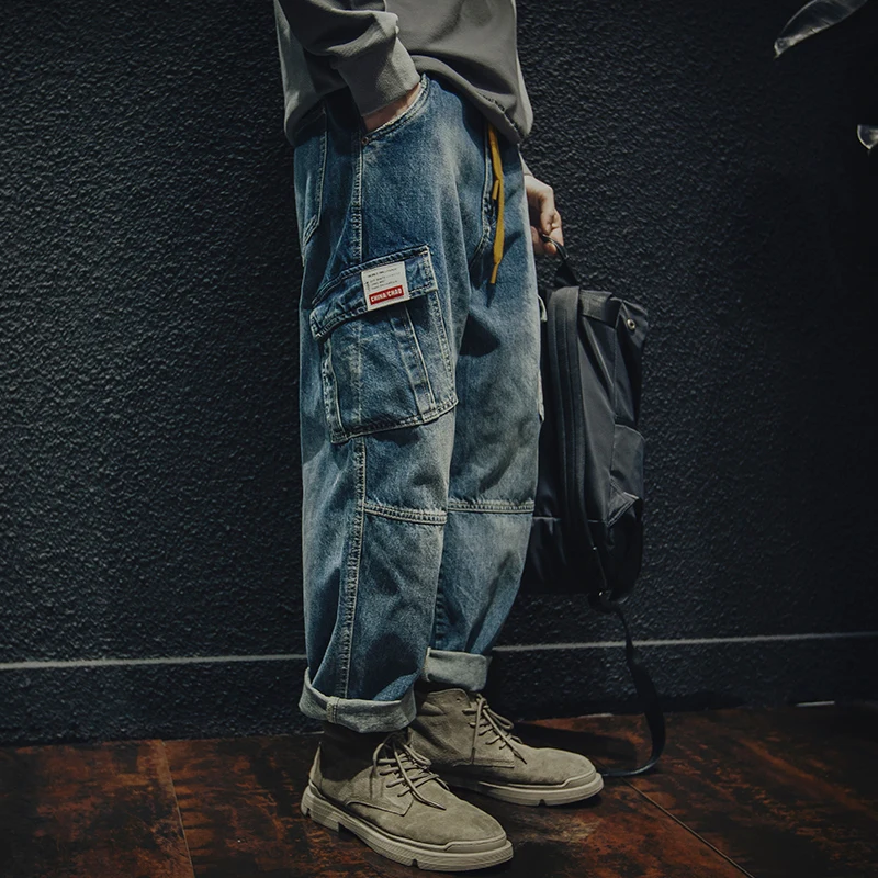 

Loose Fit Men's Workwear Jeans Spring Season Multi-Pocket Straight Leg Long Trousers American Retro Style Large Size Pants