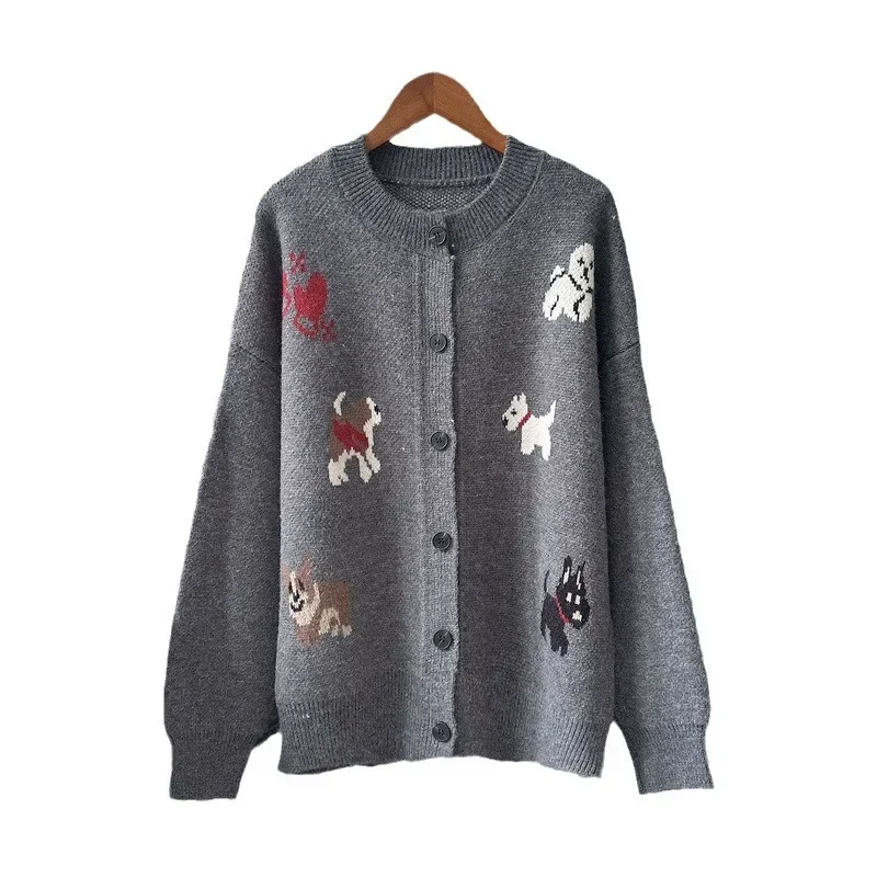 2024 autumn and winter design gray puppy sweater coat Korean style cute sweet lazy style knitted cardigan