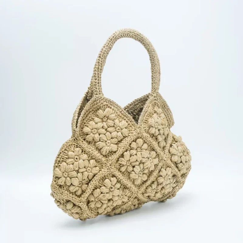 Handgefertigte Strandtasche aus gewebtem Papier, hochwertige 3D-Blumen-Grastasche, große Kapazität, tragbare Urlaubstasche für Frauen am Meer. – Detail 9