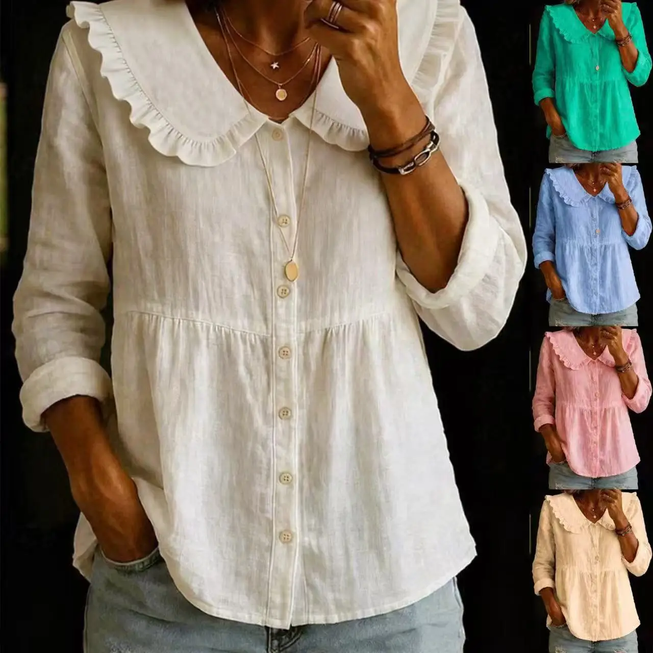 

Autumn New Women's Clothing Casual Loose Fashion Cotton and Linen Long-sleeved Doll Collar Button-up Shirt