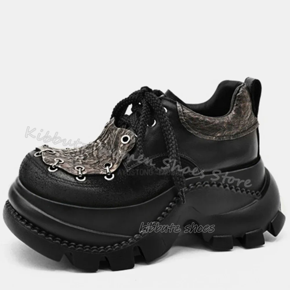 

Metal Decor Sneaker Platform Chain Rock Punk Luxury Leather Mixed Color Lace-Up Fashion Concise Sexy Women Shoes New Hot Girls