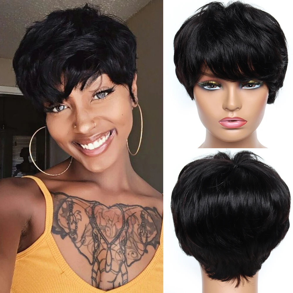 Black Straight Human Hair Wig for Black Women Afro African Hair Short Pixie Cut Wig with Bangs Daily Use Machine Made Human Hair