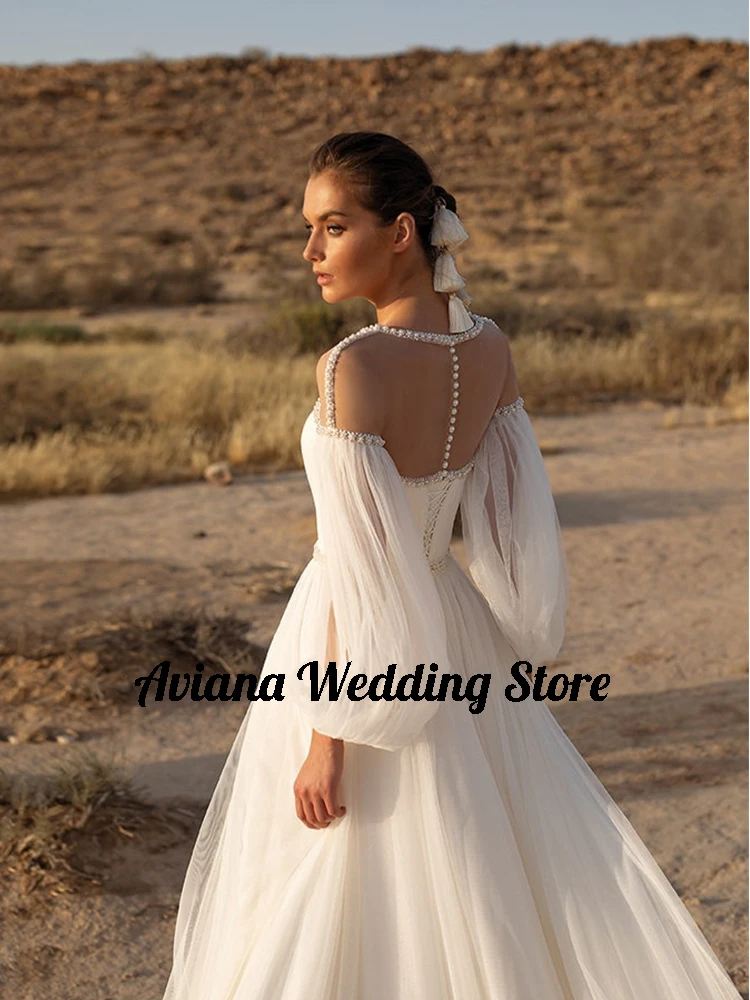 Aviana Fashion Beaded O-Neck Wedding Dresses Lantern Sleeves A-Line Crystal Belt Boho Bride Gowns Tulle платье женское 2024