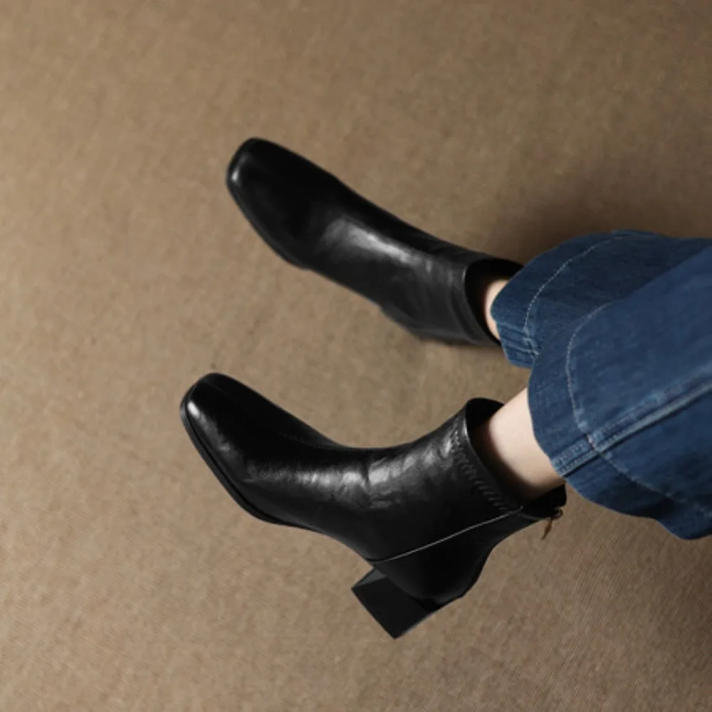 

Ботильоны, женские туфли из натуральной кожи на высоком каблуке, короткие ботинки на толстом каблуке, женские ботинки на молнии с квадратным носком, осень-зима, бежевые