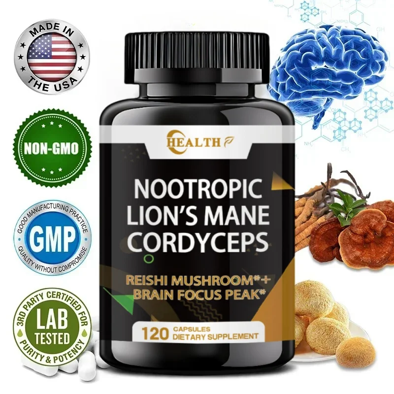 Health Lion's Mane Cordyceps, Immune System Booster e Nootropic Brain Supplement, para energia natural, memória e suporte de elevação