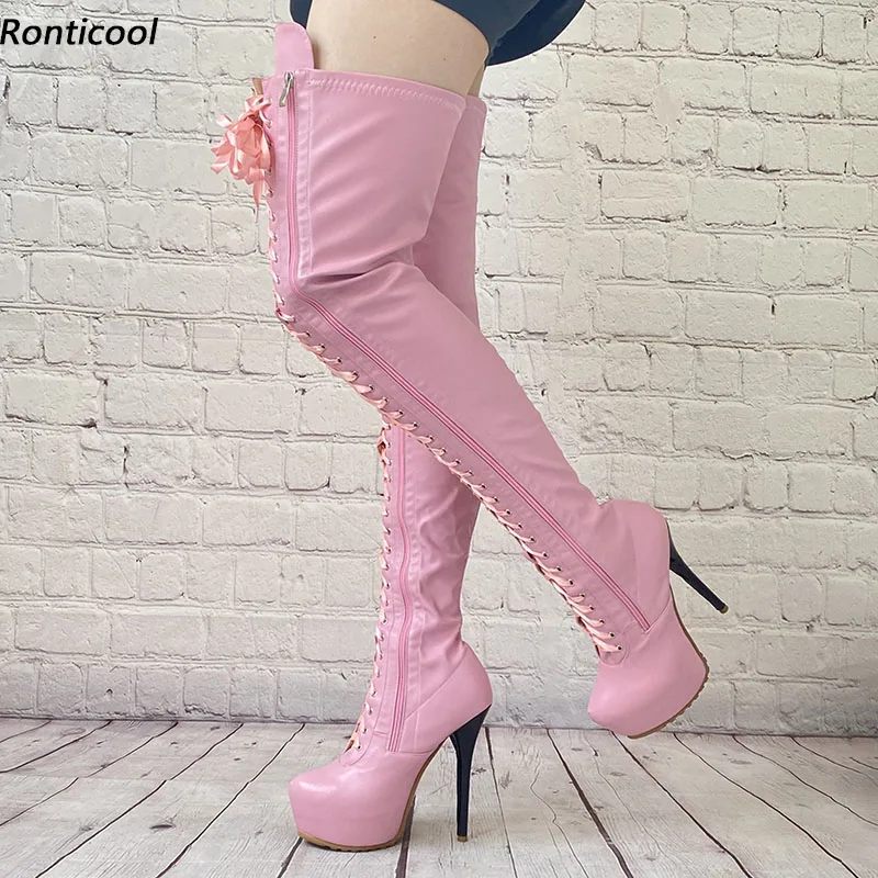 

Ronticool Handmade Women Spring Thigh Boots Faux Leather Sexy Stiletto Heels Round Toe Beautiful Pink Cosplay Shoes Us Size 5-20