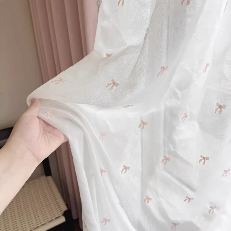 Custom Size French Cream Log Style Small Bow Embroidery Cotton and Linen Texture Embroidery Cute Girl Room Gauze Elegant Curtain