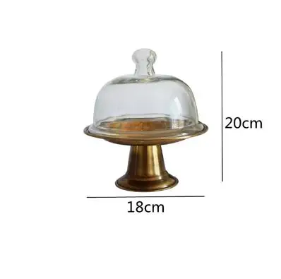 Brass Cake Pan Tall Stand Glass Cover Dim Sum Plate Dessert Fruit Dish Snack Tray Refreshment Display