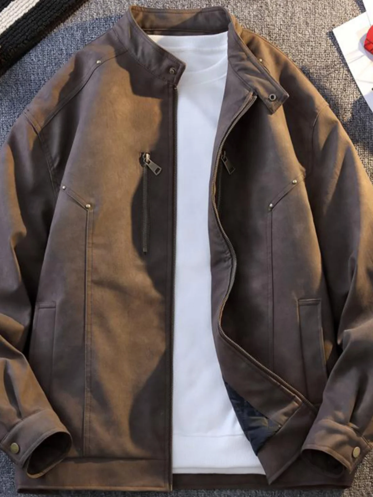 

Retro Biker Sle Men's Leather Jaet Autumn Winter Windproof Stand Collar Zipper Closure Faionable Outerwear for Couples