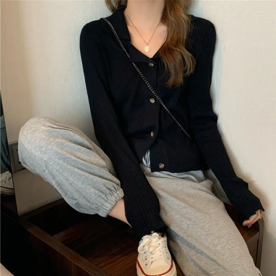 Autumn Winter Simplicity Turn-down Collar Cardigan Women Clothing Fashionable Buttons Solid Color Knitting Top Tee Ladies Tops