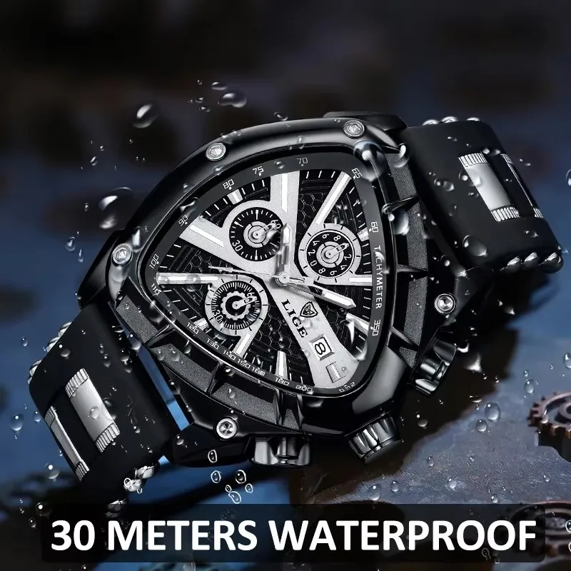 LIGE جديد ساعات رجالي الإبداعية مثلث كوارتز ساعة اليد مؤشرات مضيئة العسكرية المطاط حزام ساعة الرجال ساعة مقاومة للماء