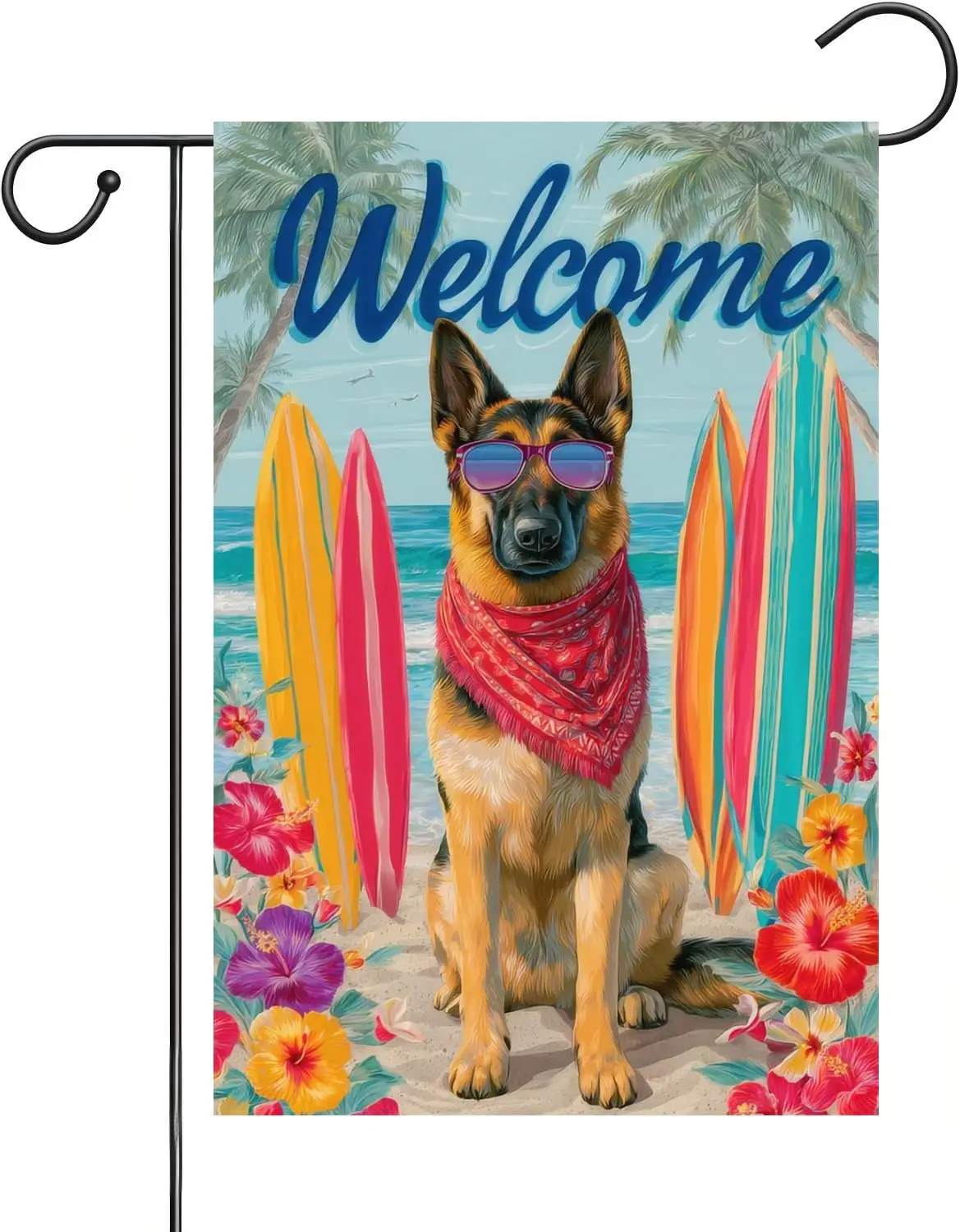 Welcome German Shepherd Summer Garden Flag Beach Surfboard 12x18 Inch Double-Sided Vertical Burlinen Coast Seasonal Porch Ya MMZ
