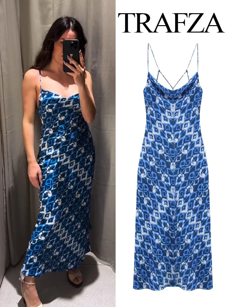 

TRAFZA Women Side Zipper Sling Dress Sleeveless Backless Decorate Summer Women Fashion Printed Underwear Style Sexy Midi Dresses