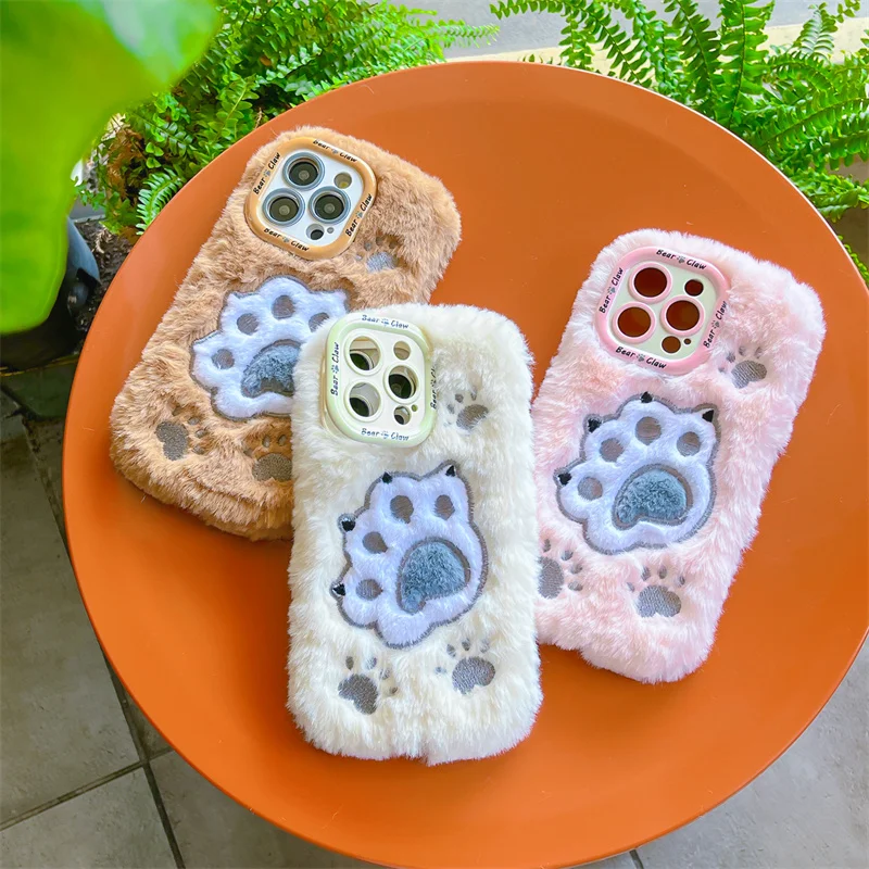 Cute Paw Print Warm Fuzzy Phone Case For iPhone 16 Pro 14 Plus 15 Pro Max 11 12 13 Pro Cover with Stand Silicone Fluffy Cases