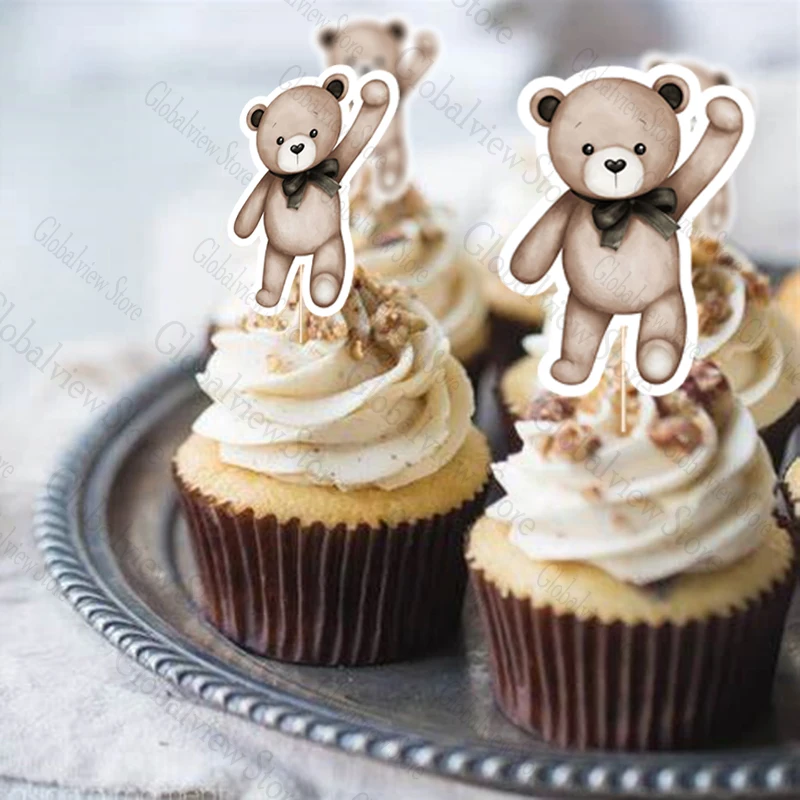 10 Stück Teddybär-Cupcake-Picks, Topper, niedlicher brauner Baby-Bär, Kuchendekoration, Babyparty, Geburtstagskuchen-Dekoration – Detail 3