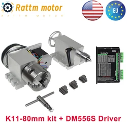 【EU US】3 jaw 80mm chuck CNC 4th Fourth Axis K11-80mm Rotary Dividing head & DM556S Driver For CNC router engraving Kit