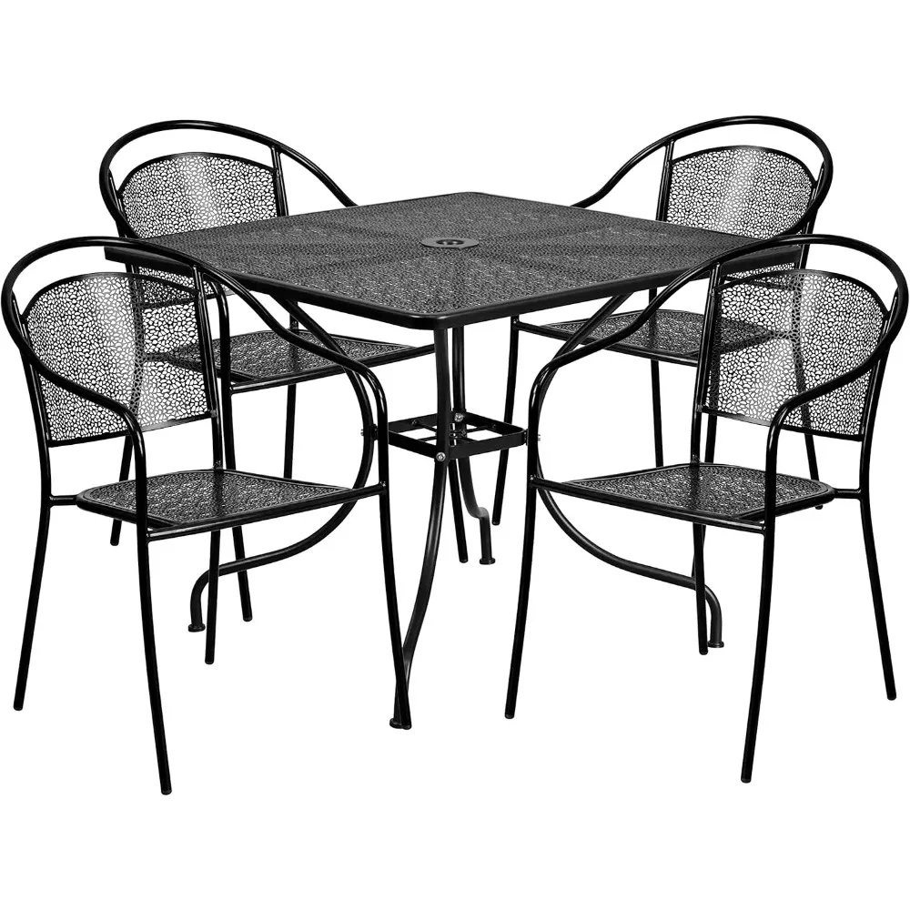 5 pieces commercial grade steel terrace table and chair set, outdoor dining set, square table and 4 round-backed chairs