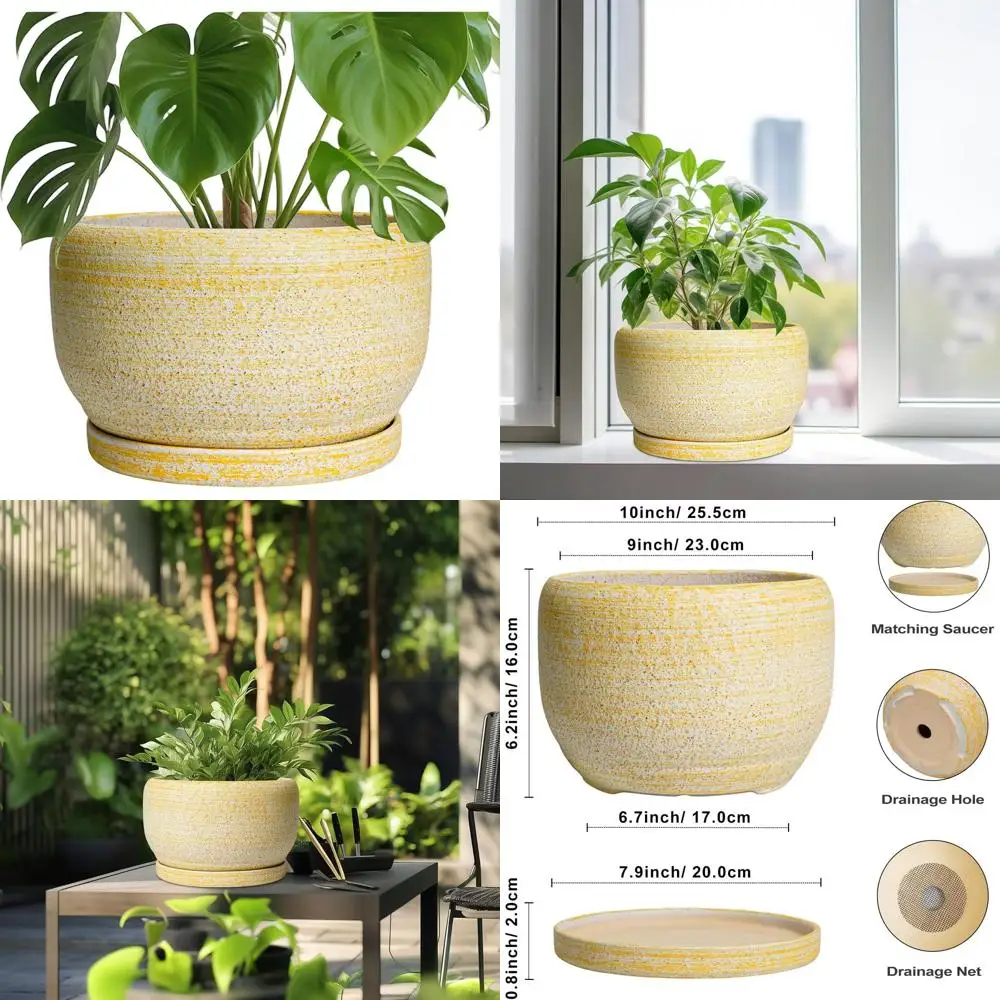 

Круглый цветочный горшок 10 дюймов для дома и улицы с дренажем и поддоном, большой декоративный кашпо, идеально подходит для дома и сада, желтый