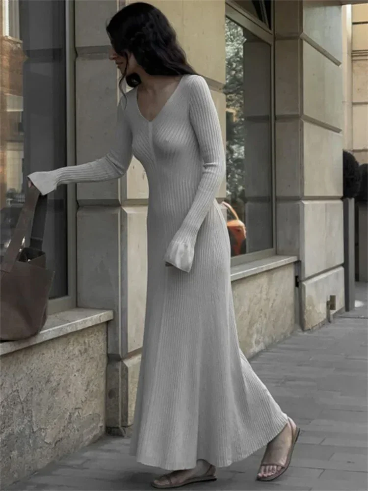 

V-Neck Ribbed Knitwear Dress Female Patchwork Ruffled Slim High Waist Long Sleeve Bodycon Dress Knit Vintage Maxi Dress