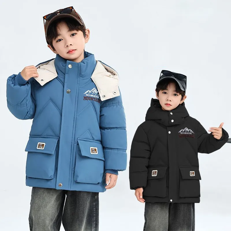 4-12T Boys Parkas Winter Plus Velvet Thicken Warm Coat Children'S Outerwear Fashion Hooded Letters Print Jackets High Quality