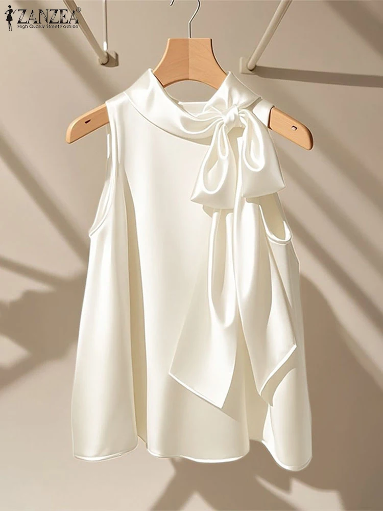

ZANZEA Elegant Bow Tie Solid Color Tops Women Satin Silk Blouses 2025 Summer Sleeveless Half High Collar Casual Fashion Shirts