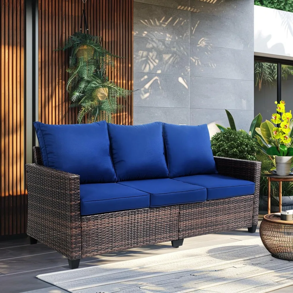 Outdoor Patio Sofa, 3-Seat Rattan Wicker Couch for Garden Deck or Porch, All-Weather Patio Furniture with Anti-Slip Cushions