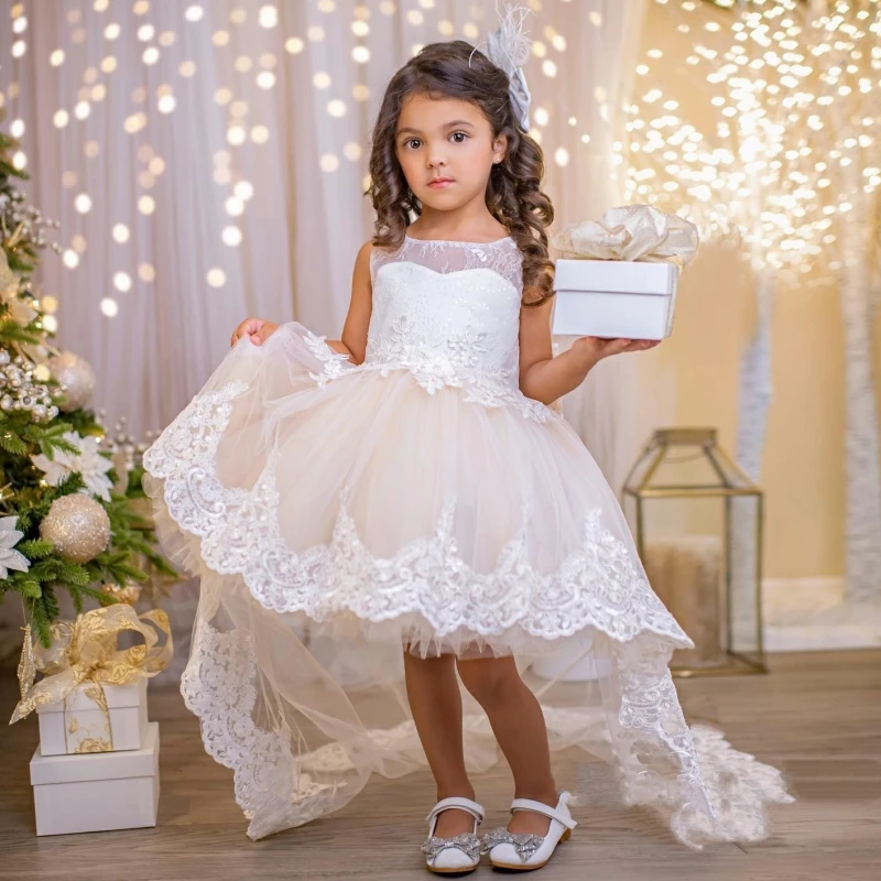 Flower Girl Dresses Champagne Tulle Puffy Lace Appliques High-low Skirt With Bow Sleeveless For Wedding Birthday Banquet Gowns