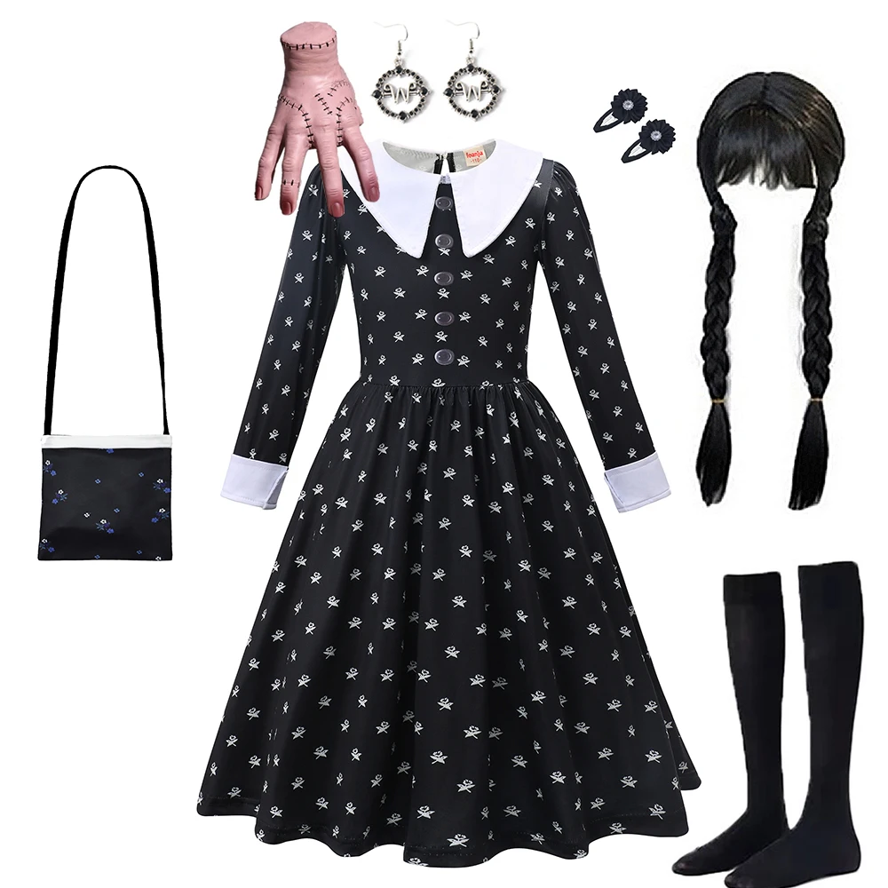 Halloween Movie Wednesdy Costume Merlina Addams For Girl 2024 Carnival Party Printing Long Sleeve Dress Children Gothic Outfit