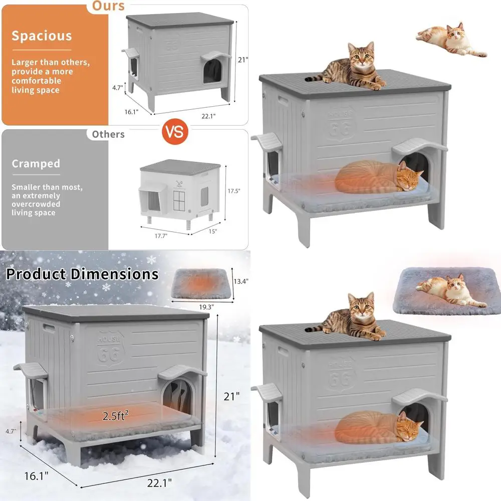 

Elevated Insulated Outdoor Cat House with Soft Mat, Grey, Medium Size, Safe Escape Door, Spacious and Easy to Clean