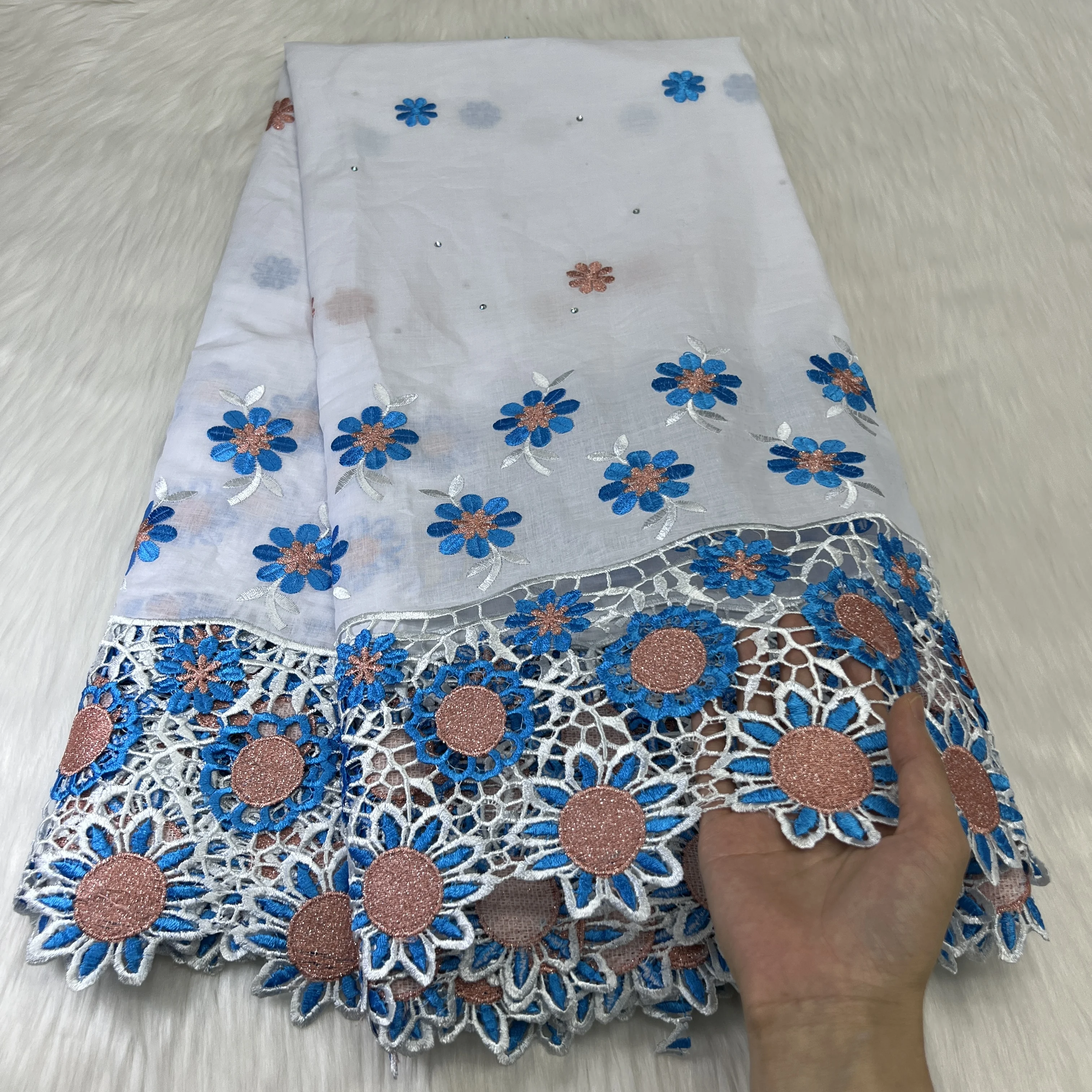 

African Flower Swiss Lace Fabric High Quality 2023 Nigeria Cotton Dry Lace Fabric with Stones For Sew Wedding Party Dresses