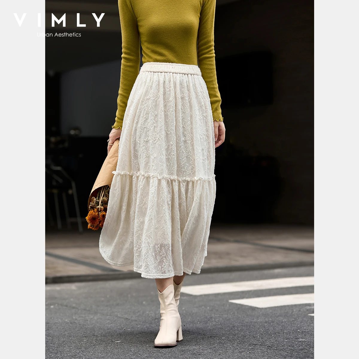 

VIMLY Women's Apricot Maxi Skirts French 2025 Winter Casual Floral Lace Spliced Skirts Elegant Straight Terry Knit Skirt A3132