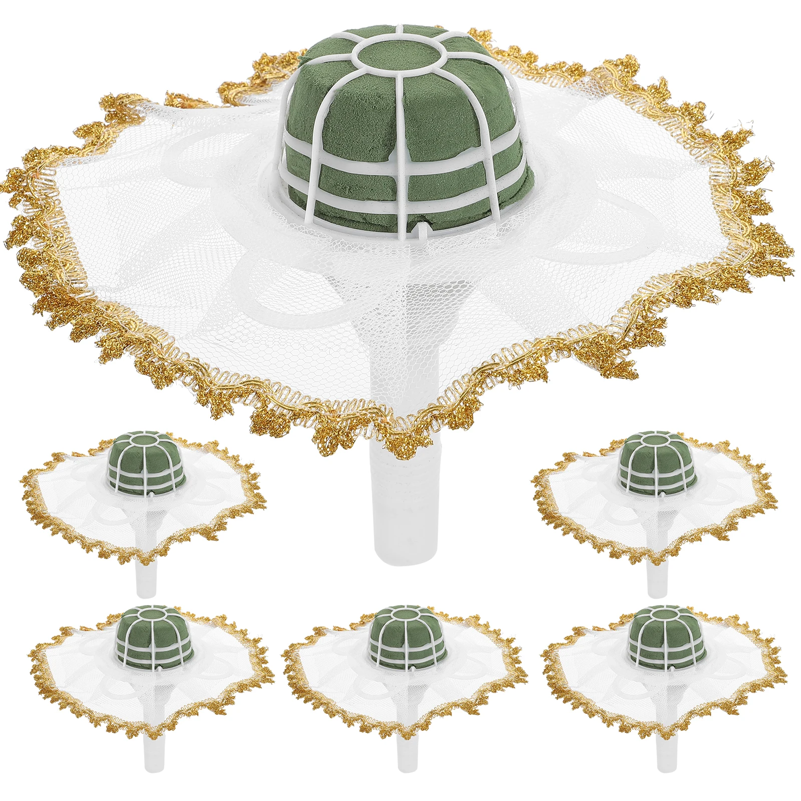 

6 set 6 Set Bridal Wedding Bouquet Holder Flower Hat with Lace Collar for DIY Crafts Floral Support Decorations Plastic Foam