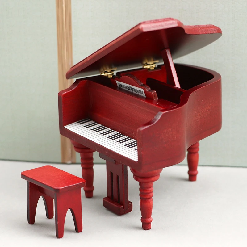 1Set 1:12 Dollhouse Miniature Piano with Chair Simulation Grand Piano Model Living Room Ornament Decor Toy Accessor