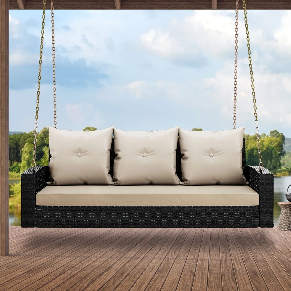 

3-Seats Hanging Porch Swing Chair Wicker Lounge Rattan Patio Swing w/Cushions