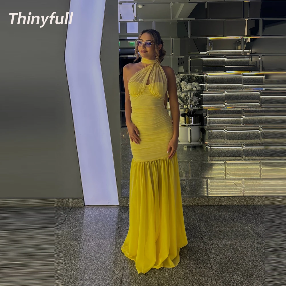

Thinyfull Chiffon Mermaid Arab Prom Dresses Sleeveless Pleat Evening Party Dress Holiday Style Gown Robe De Soirée Customized ﻿