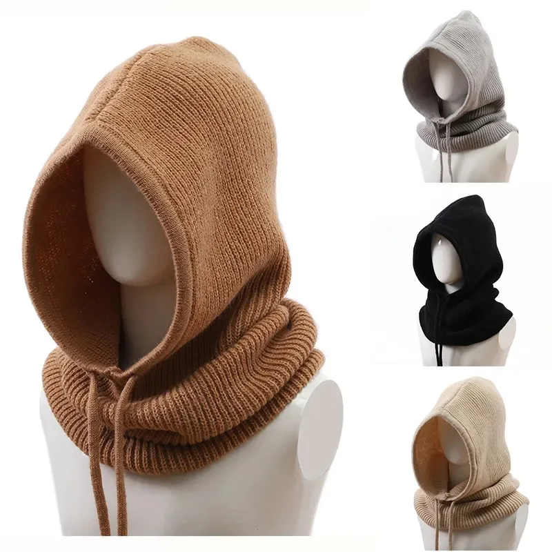 Winter Women Balaclava Mask Knitted Hooded Cap Outdoor Warm Ski Bonnet Elastic Drawstring Hat One-Piece Neck Collar Beanies Caps