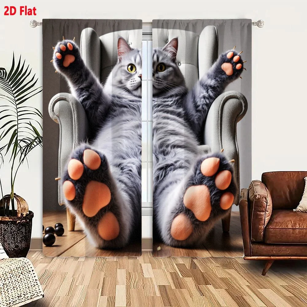2Pcs Curtains 2D Flat Large Fluffy Gray Cat With Light Orange Paw Pads Relaxed In Light Gray Tufted Armchair With Wooden Legs Sc