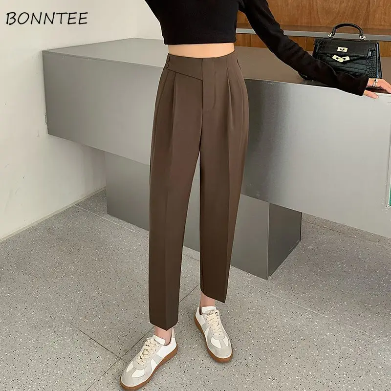 Casual Pants Women Solid Simple All-match Daily Basic Creativity Special Charming Korean Style Classic Vintage Folds Personality