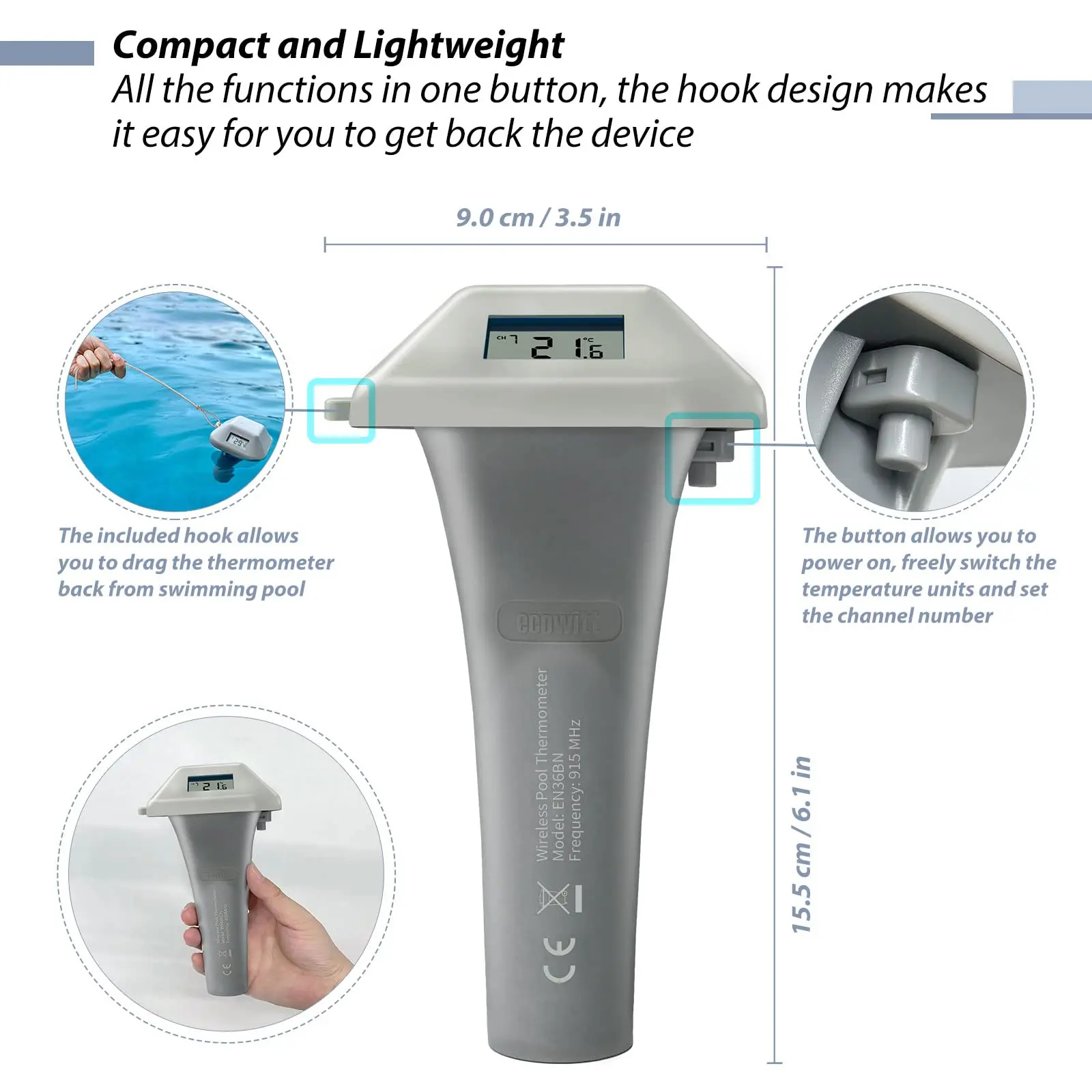 Imagem -02 - Ecowitt Wn36 Termômetro de Piscina sem Fio com Âncora Sensor de Temperatura da Água de Leitura Fácil Flutuante para Piscina Spa