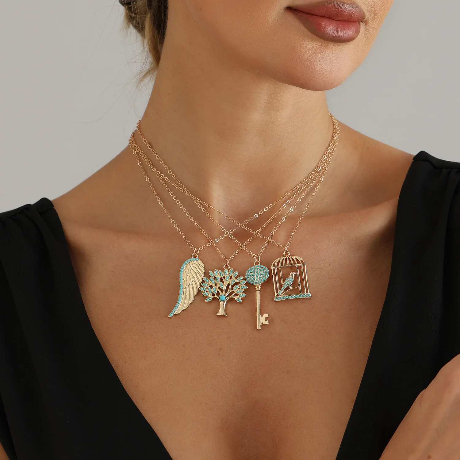 Cross border jewelry Tree of Life turquoise embellished necklace ins retro style hollow design collarbone fine chain