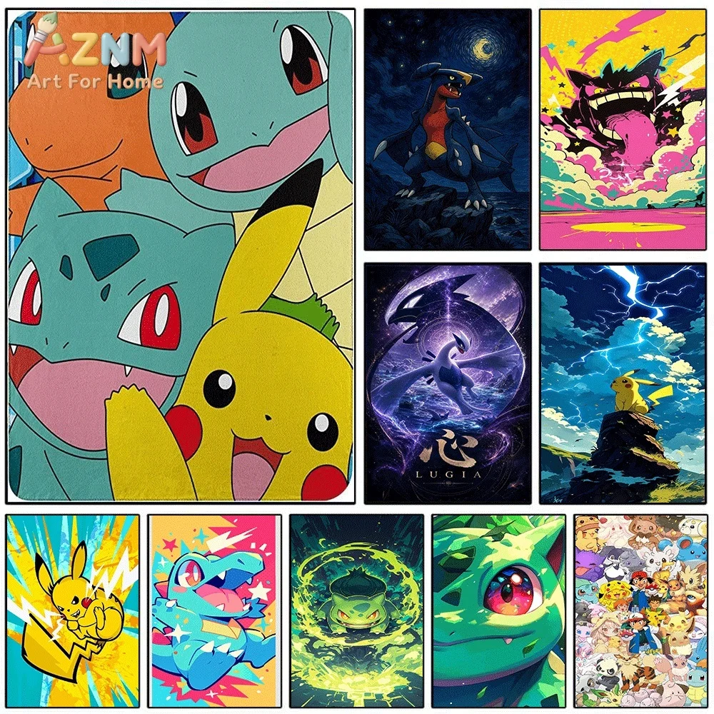 Anime Pokemon Kanto Starter Characters Canvas Wall Art, Cute Popular Pocket Monster Cartoon Frameless Canvas Painting for Kids
