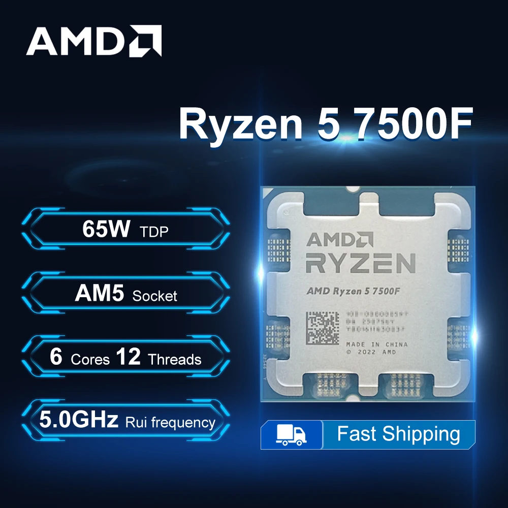 AMD Ryzen 5 7500F 3.7GHz 6-Core 12-Thread R5 7500F Processor 65W  5NM L3=32M DDR5 Socket AM5 No Fan