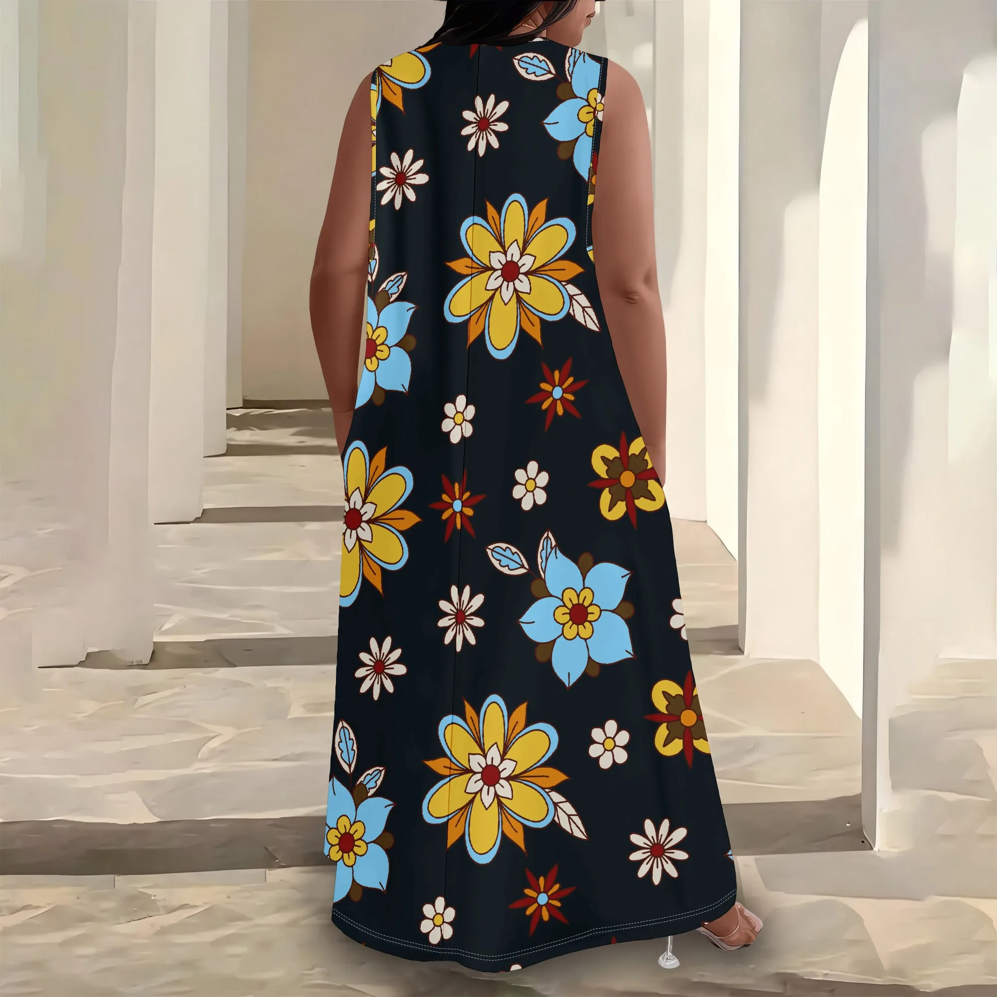 プラスサイズの女性の夏のファッションプリントアフリカスタイルノースリーブラウンド V ネックドレスルーズでカジュアルなドレス