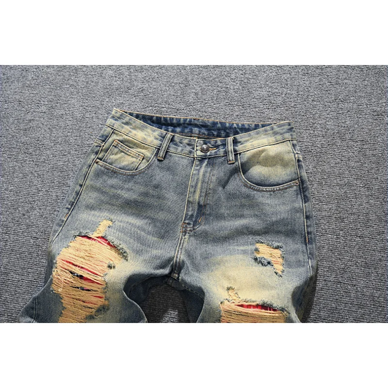 

Street Handsome Jeans for Men, Retro Nostalgic, Loose, Straight Tube, Piercing Patch, Made of Old Denim Fabric, Wide Leg Pants