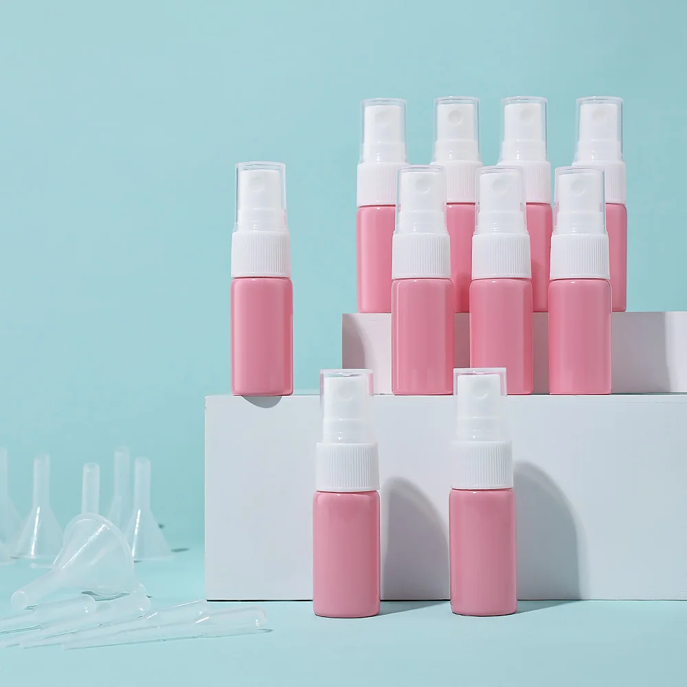 10pcs 10ml White Spray Head Pink Glass Empty Refillable Bottles with 10 Funnels 10 Droppers Cosmetic for Perfume Essential Oils